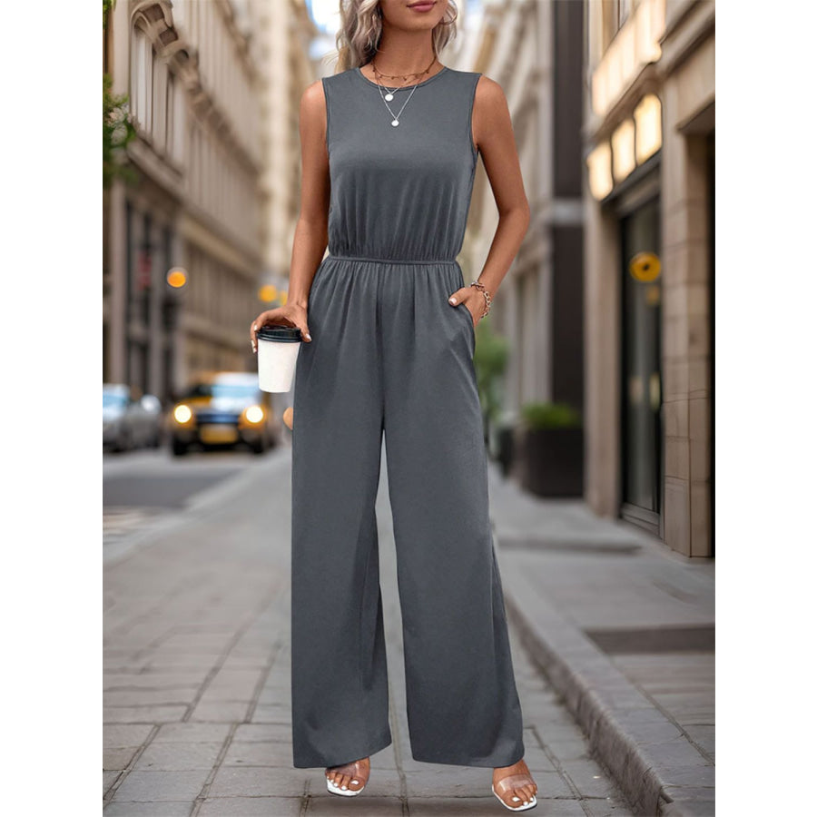 Round Neck Wide Leg Jumpsuit Dark Gray / S Apparel and Accessories