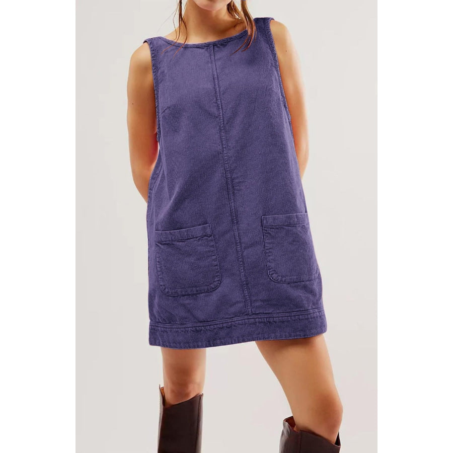 Round Neck Wide Strap Corduroy Mini Dress Apparel and Accessories