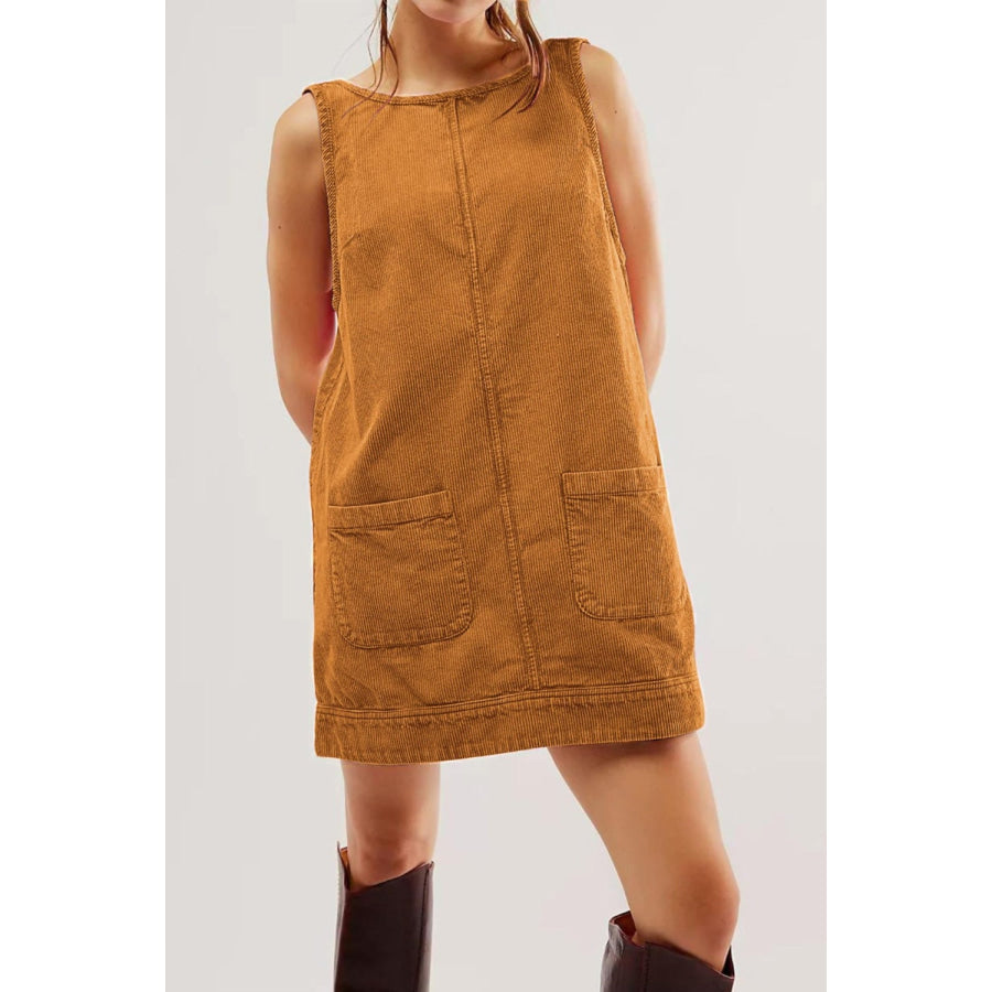 Round Neck Wide Strap Corduroy Mini Dress Apparel and Accessories