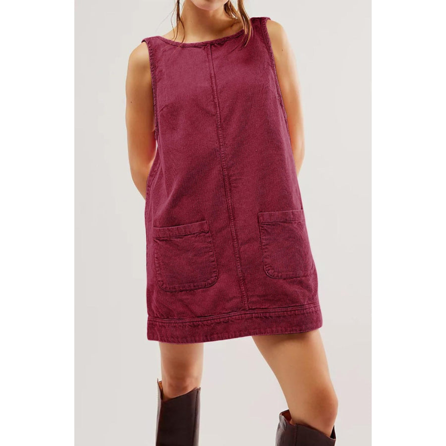 Round Neck Wide Strap Corduroy Mini Dress Apparel and Accessories