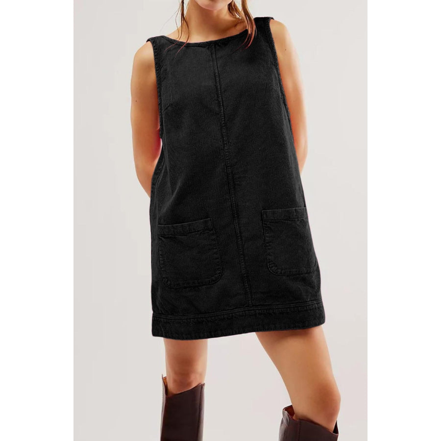 Round Neck Wide Strap Corduroy Mini Dress Apparel and Accessories