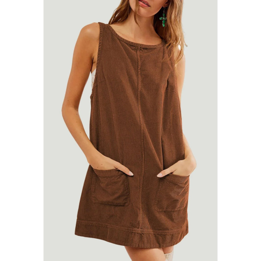 Round Neck Wide Strap Corduroy Mini Dress Apparel and Accessories