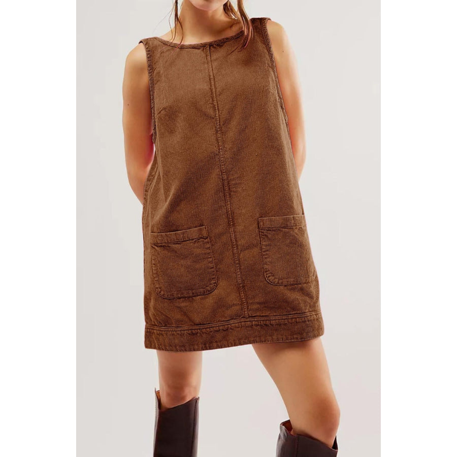 Round Neck Wide Strap Corduroy Mini Dress Apparel and Accessories