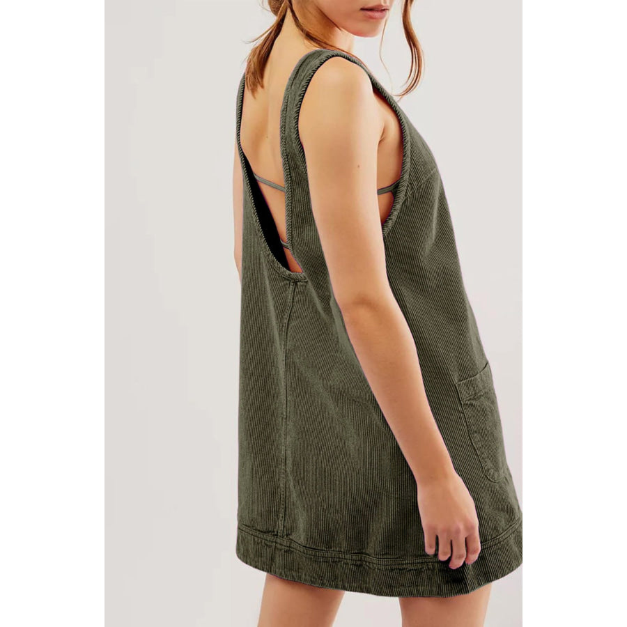 Round Neck Wide Strap Corduroy Mini Dress Apparel and Accessories