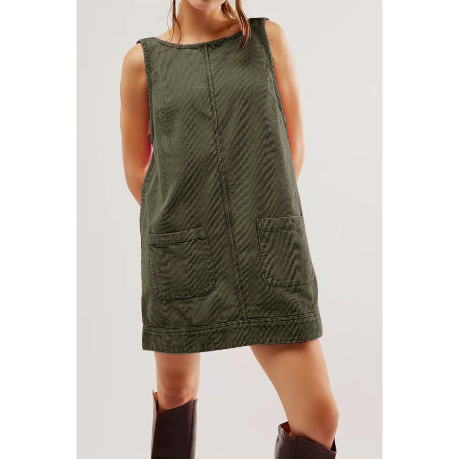 Round Neck Wide Strap Corduroy Mini Dress Army Green / S Apparel and Accessories