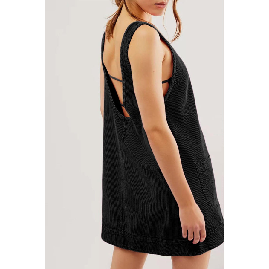 Round Neck Wide Strap Corduroy Mini Dress Black / S Apparel and Accessories