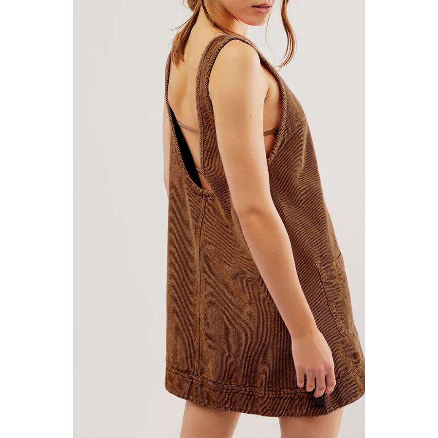 Round Neck Wide Strap Corduroy Mini Dress Brown / S Apparel and Accessories