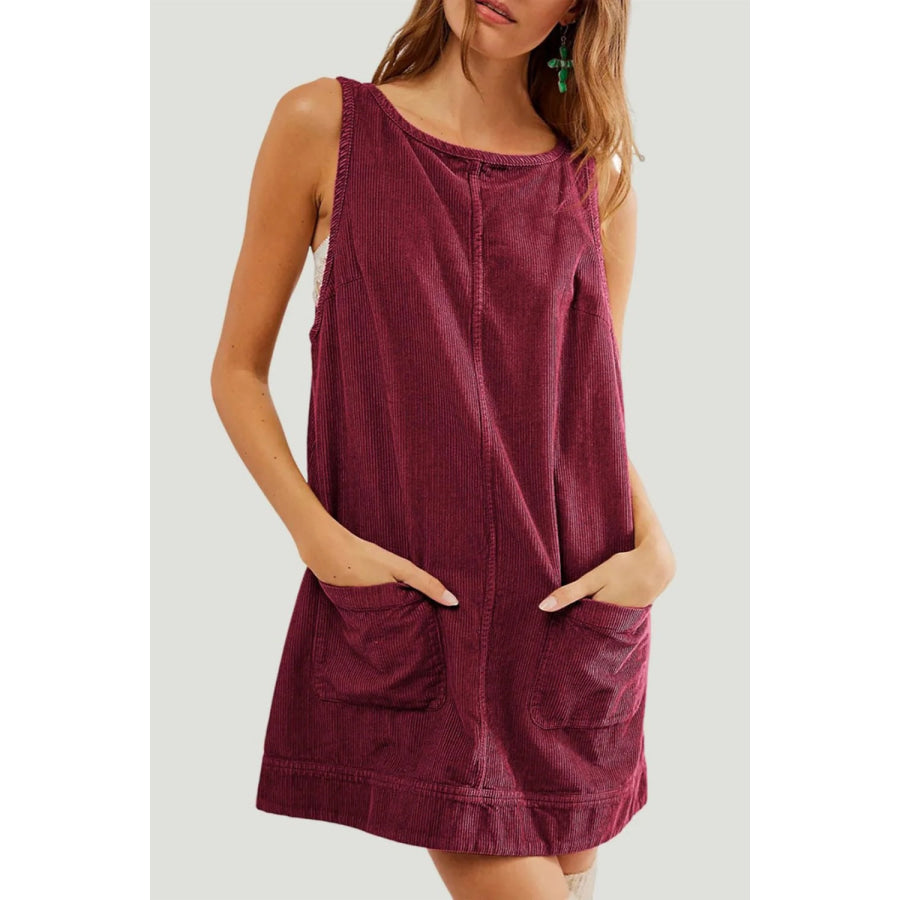 Round Neck Wide Strap Corduroy Mini Dress Burgundy / S Apparel and Accessories