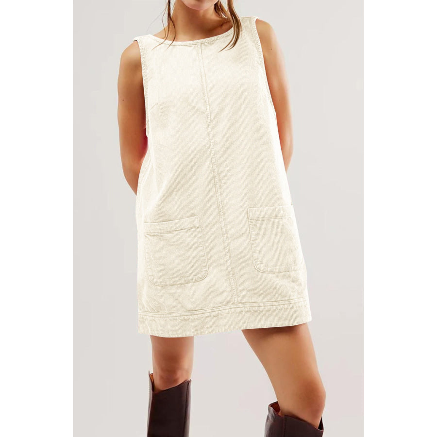 Round Neck Wide Strap Corduroy Mini Dress Cream / S Apparel and Accessories