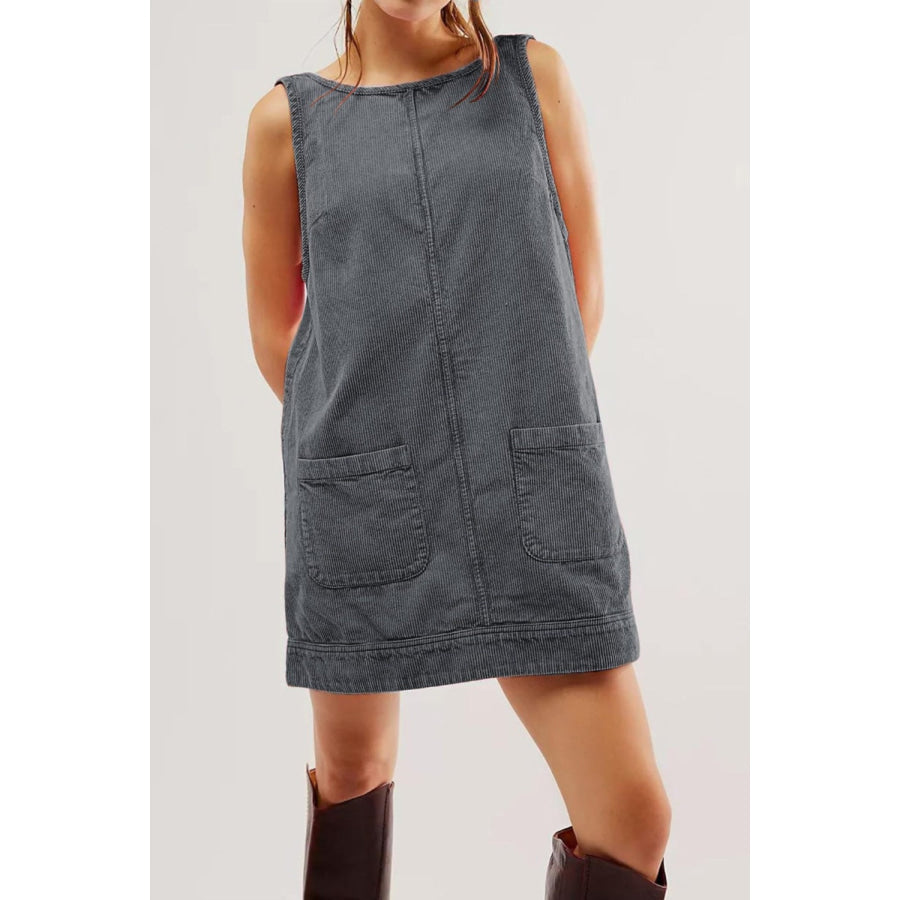 Round Neck Wide Strap Corduroy Mini Dress Dark Gray / S Apparel and Accessories