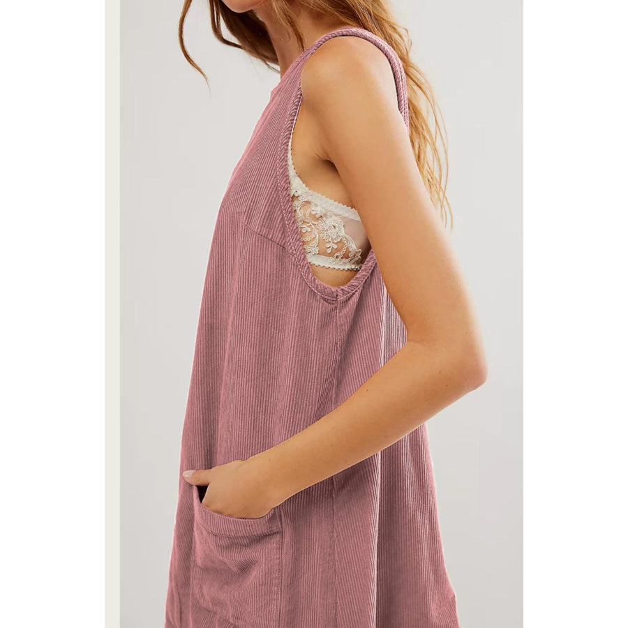 Round Neck Wide Strap Corduroy Mini Dress Dusty Pink / S Apparel and Accessories