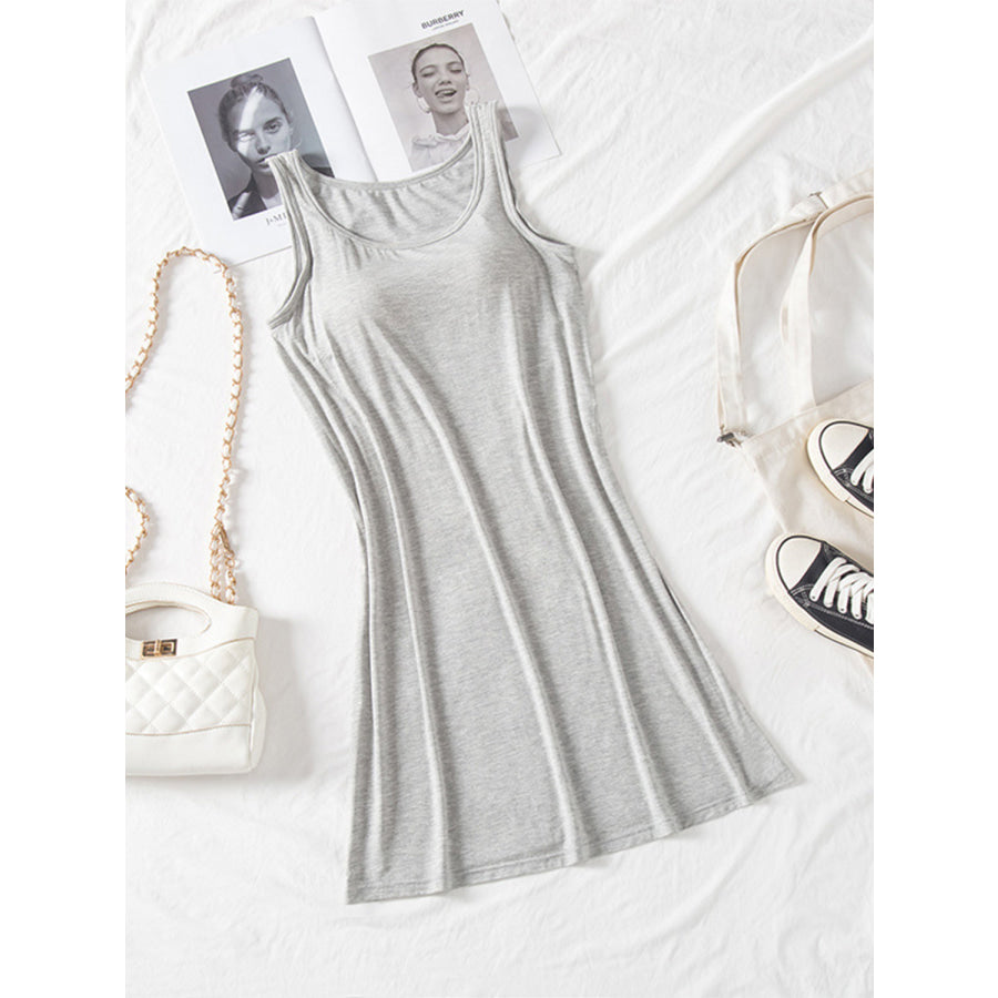 Round Neck Wide Strap Mini Tank Dress with Bra Apparel and Accessories