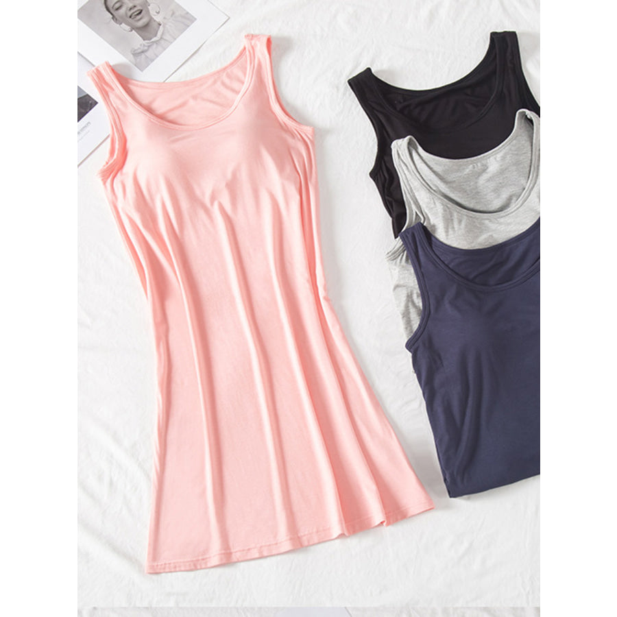 Round Neck Wide Strap Mini Tank Dress with Bra Apparel and Accessories