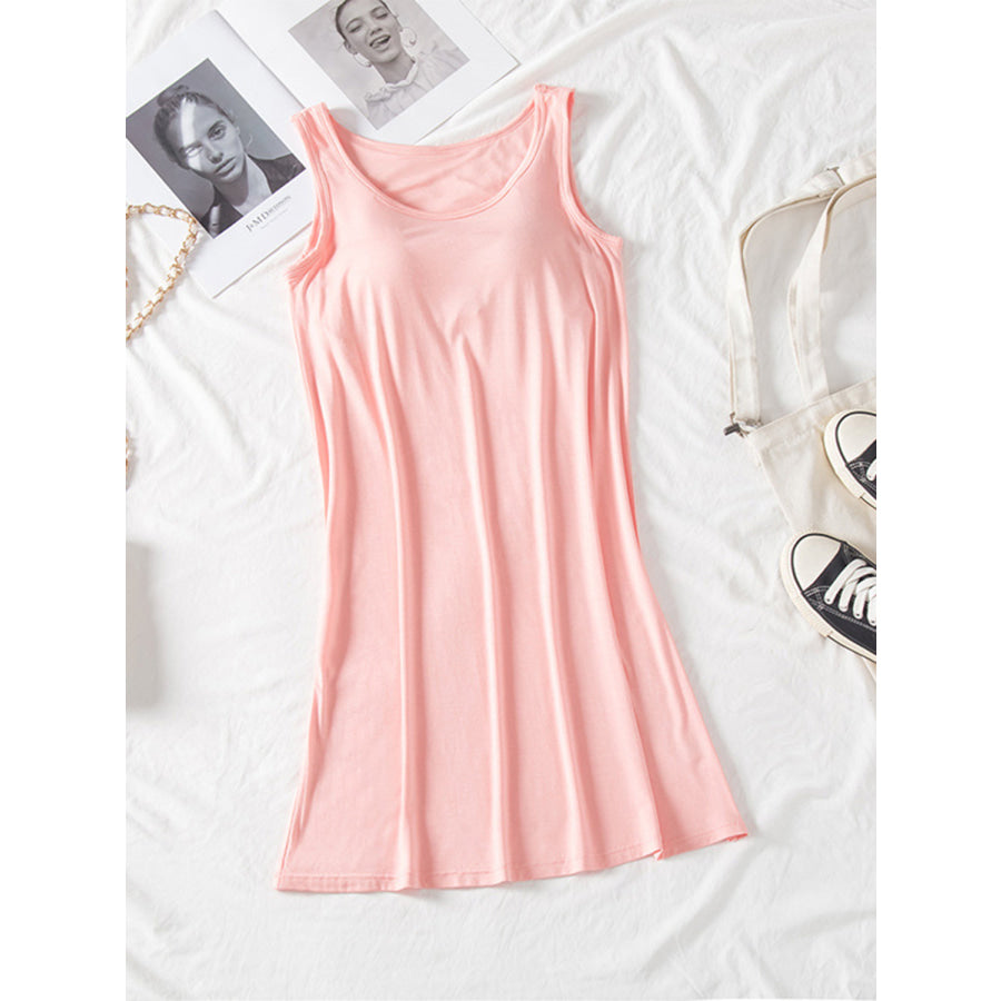 Round Neck Wide Strap Mini Tank Dress with Bra Blush Pink / M Apparel and Accessories