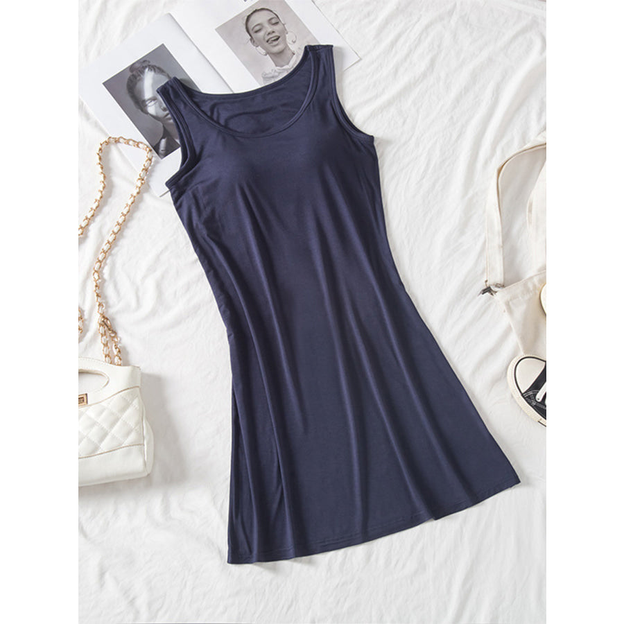 Round Neck Wide Strap Mini Tank Dress with Bra Dark Navy / M Apparel and Accessories