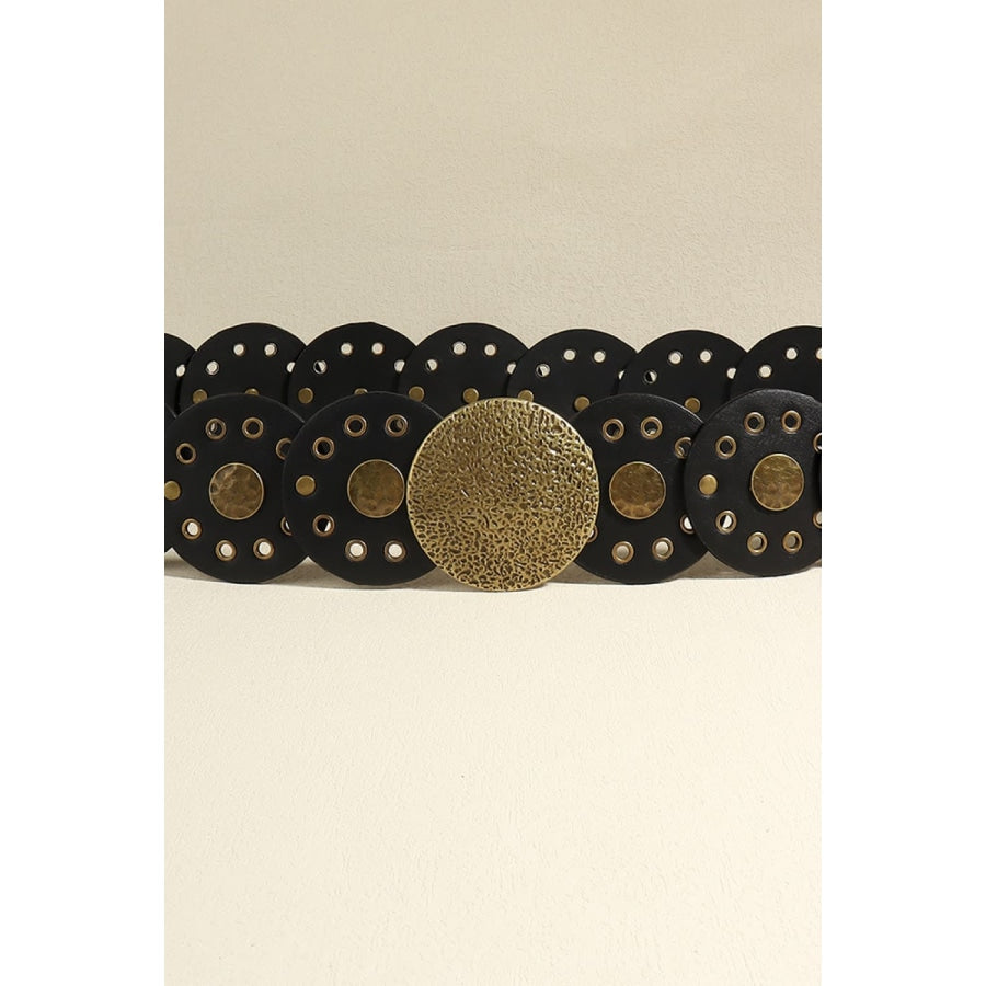 Round Shape PU Leather Belt Black/Gold / One Size
