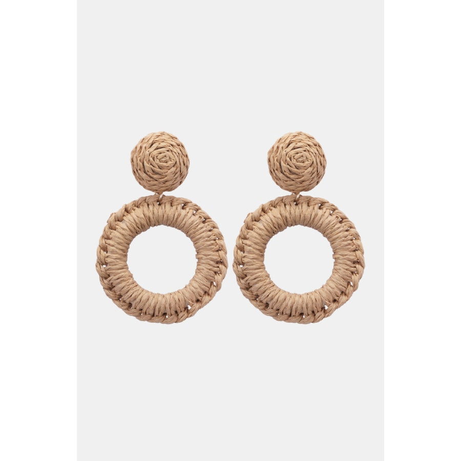 Round Shape Raffia Grass Dangle Earrings Camel / One Size