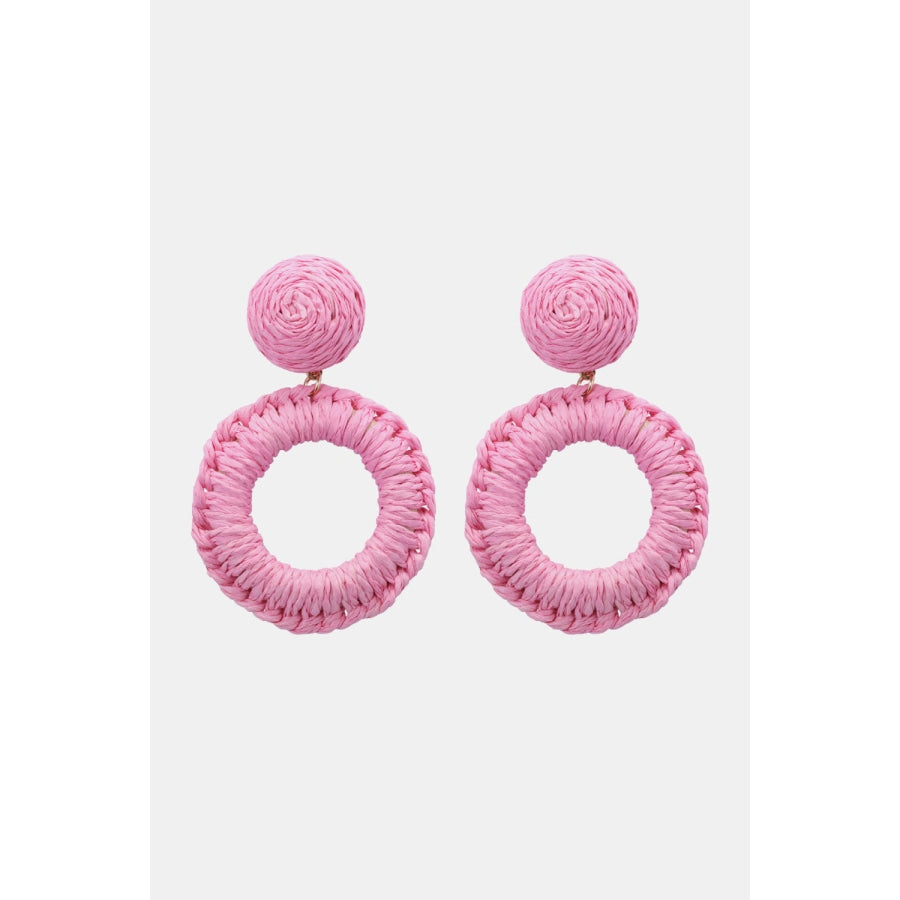 Round Shape Raffia Grass Dangle Earrings Carnation Pink / One Size