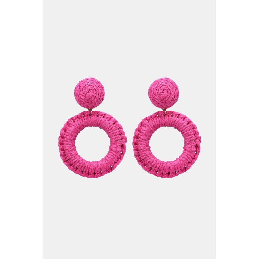 Round Shape Raffia Grass Dangle Earrings Hot Pink / One Size