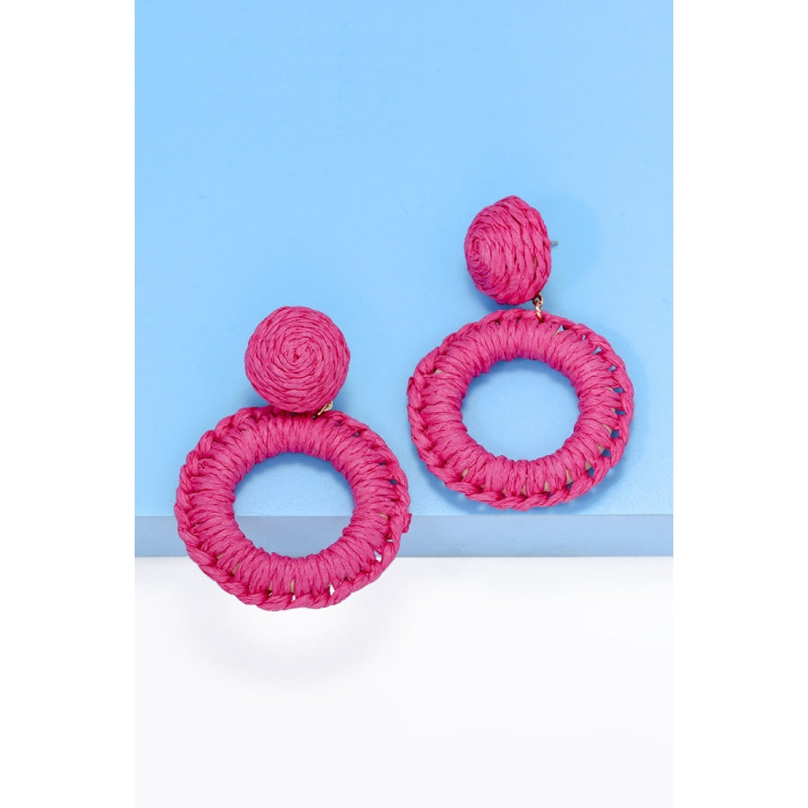 Round Shape Raffia Grass Dangle Earrings Hot Pink / One Size