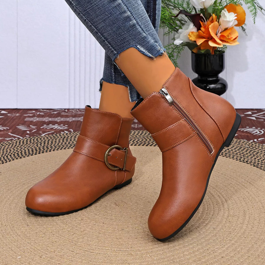 Round Toe Ankle Boots Brown / 36 Apparel and Accessories