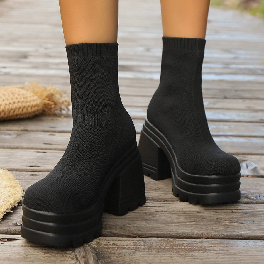 Round Toe Block Heel Boots Black / 36(US5) Apparel and Accessories