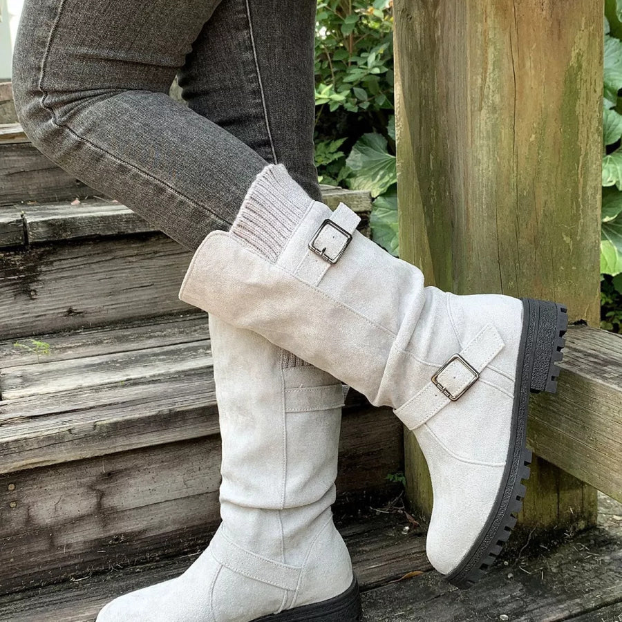 Round Toe Block Heel Boots Gray / 36 Apparel and Accessories