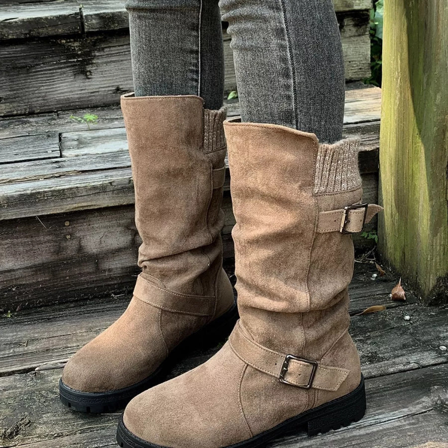 Round Toe Block Heel Boots Light Brown / 36 Apparel and Accessories