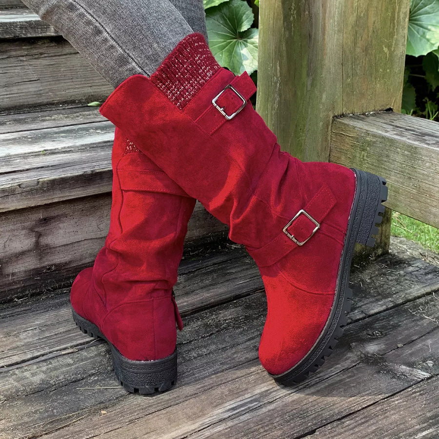 Round Toe Block Heel Boots Red / 36 Apparel and Accessories