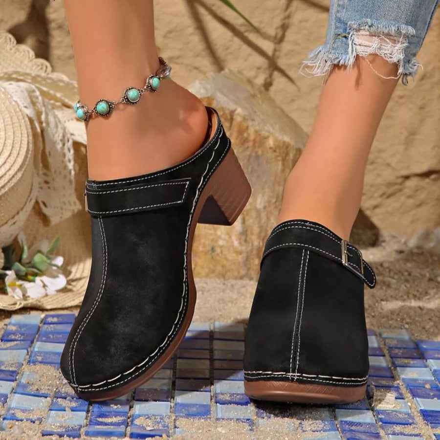 Round Toe Block Heel Sandals Black / 36 Apparel and Accessories
