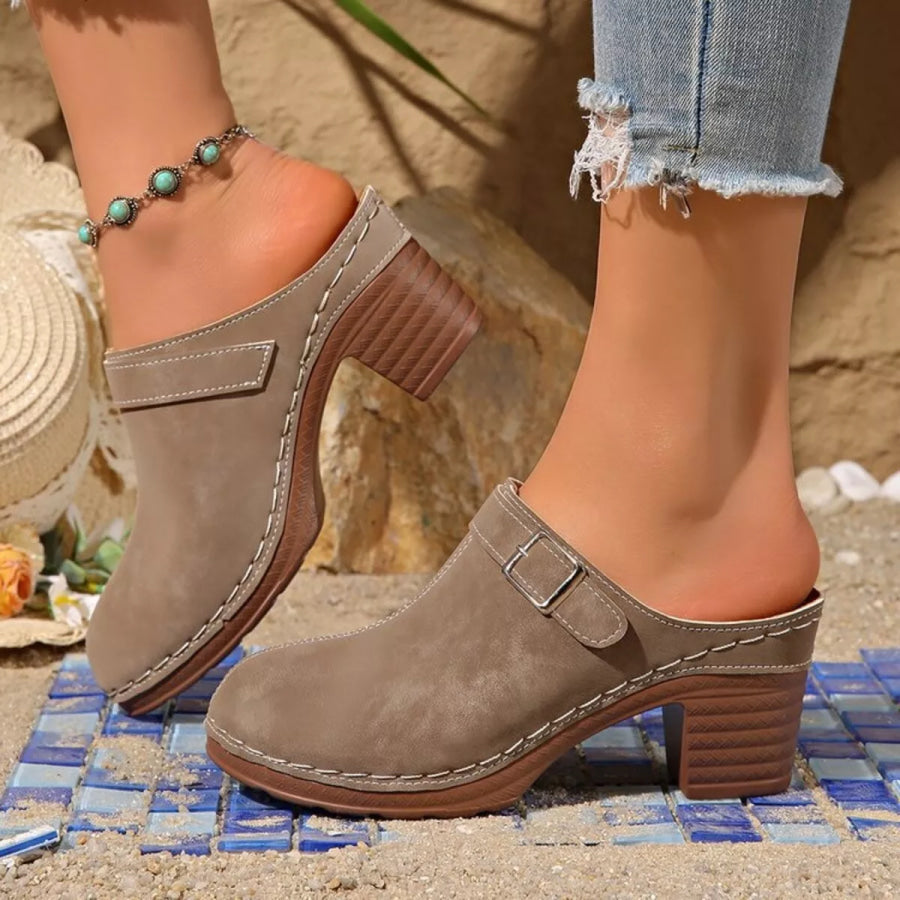 Round Toe Block Heel Sandals Brown / 36 Apparel and Accessories