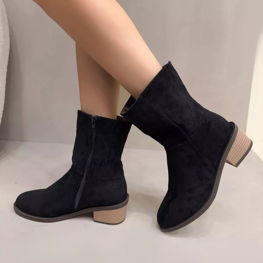 Round Toe Block Heels Ankle Boots Black / 36 Apparel and Accessories