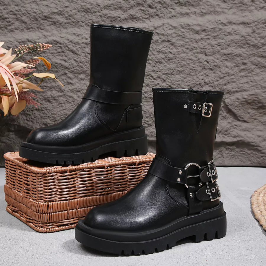 Round Toe Block Heels Boots Apparel and Accessories