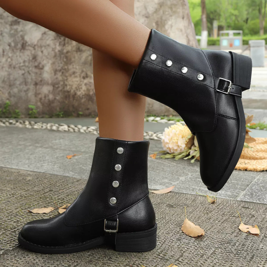 Round Toe Block Heels Boots Apparel and Accessories