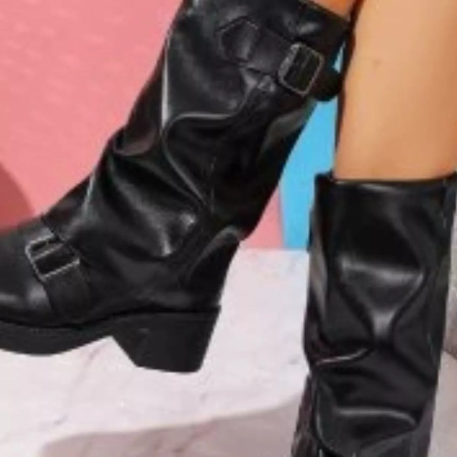 Round Toe Block Heels Boots Apparel and Accessories