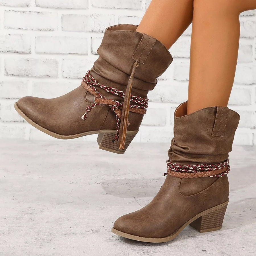 Round Toe Block Heels Boots Brown / 36 Apparel and Accessories