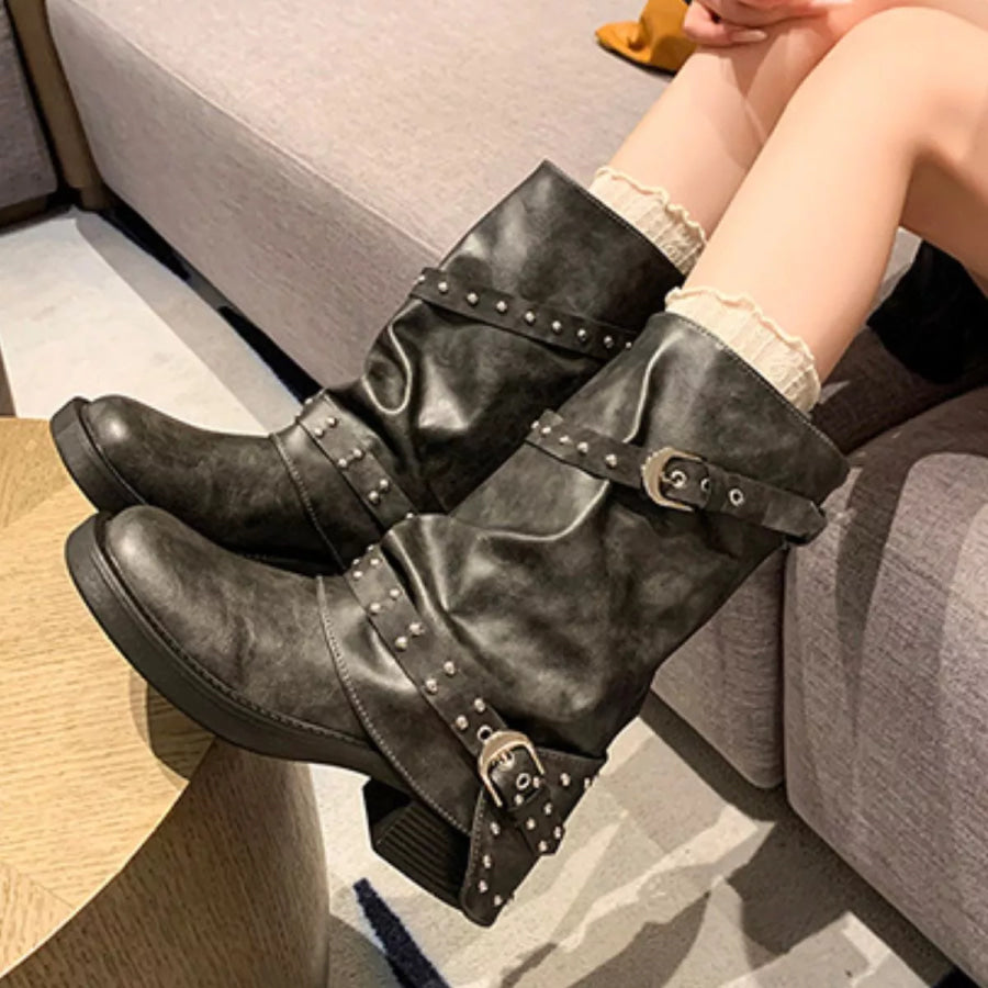 Round Toe Block Heels Boots Apparel and Accessories