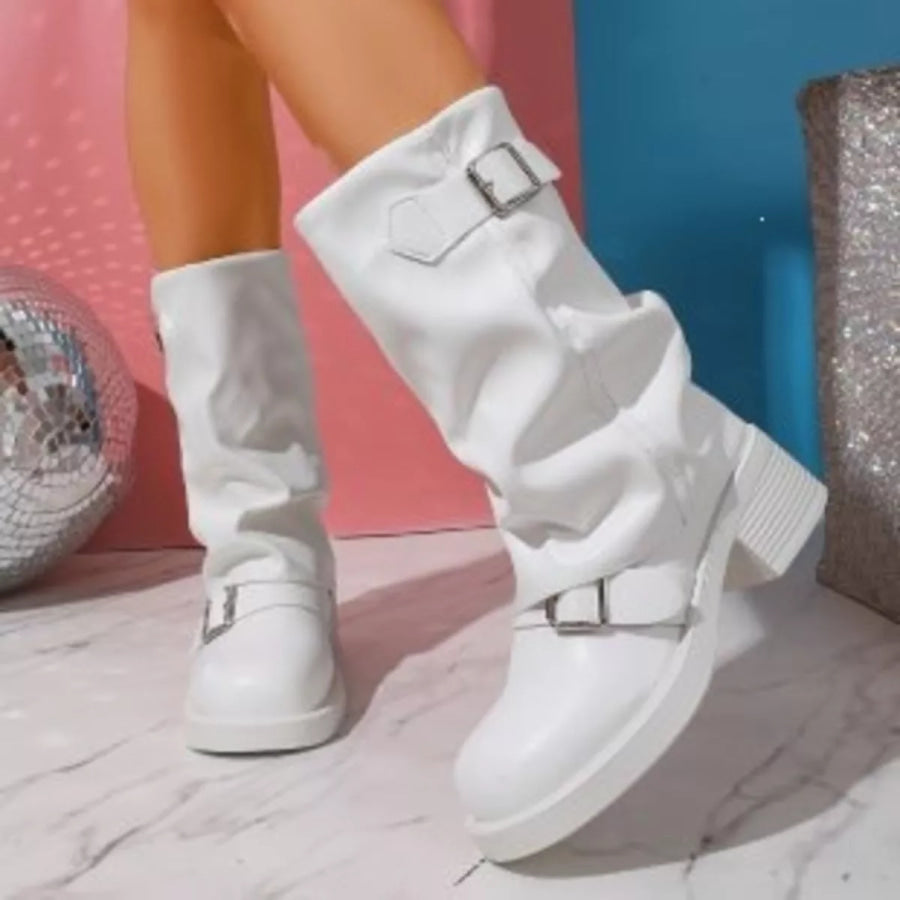 Round Toe Block Heels Boots Apparel and Accessories