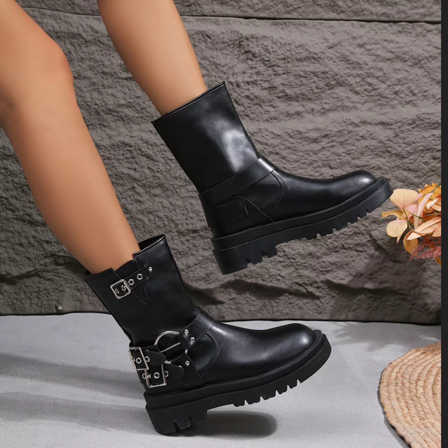 Round Toe Block Heels Boots Apparel and Accessories
