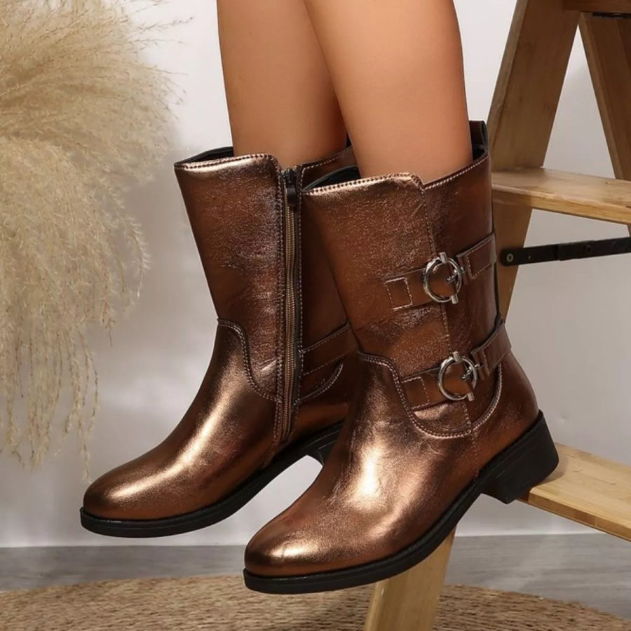 Round Toe Block Heels Boots Apparel and Accessories