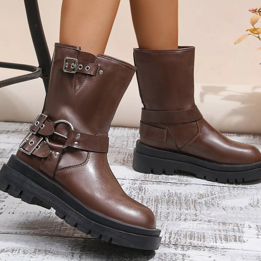 Round Toe Block Heels Boots Apparel and Accessories
