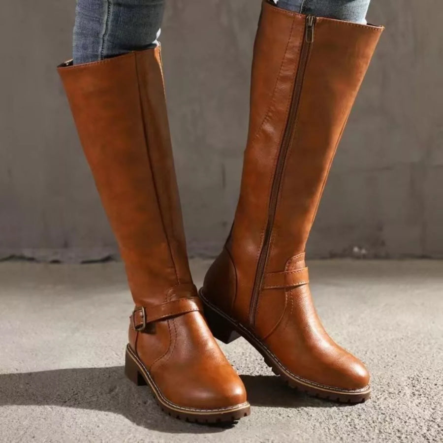 Round Toe Block Heels Boots Apparel and Accessories