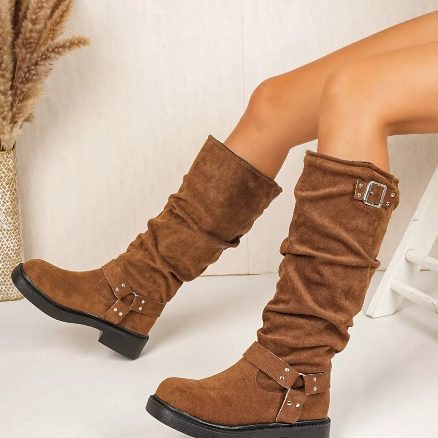 Round Toe Block Heels Boots Apparel and Accessories