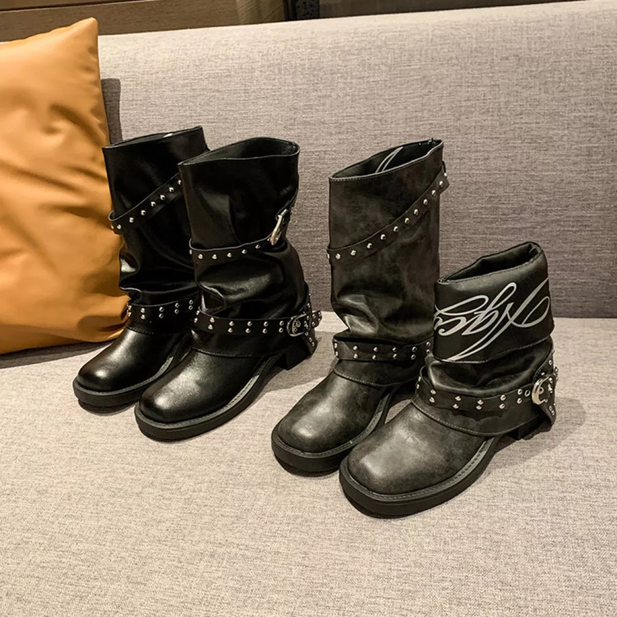 Round Toe Block Heels Boots Apparel and Accessories