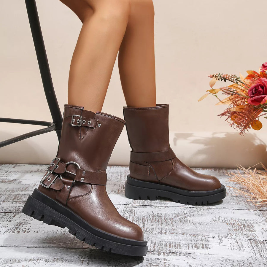 Round Toe Block Heels Boots Apparel and Accessories