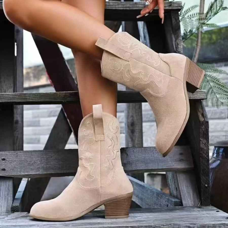 Round Toe Block Heels Boots Apparel and Accessories