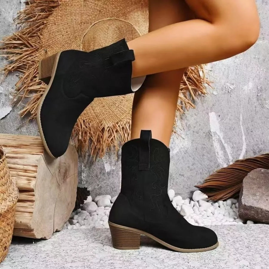 Round Toe Block Heels Boots Apparel and Accessories