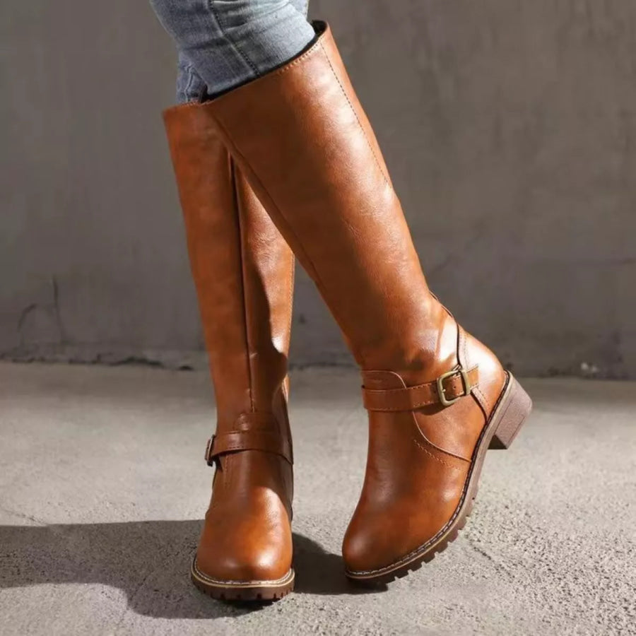 Round Toe Block Heels Boots Apparel and Accessories