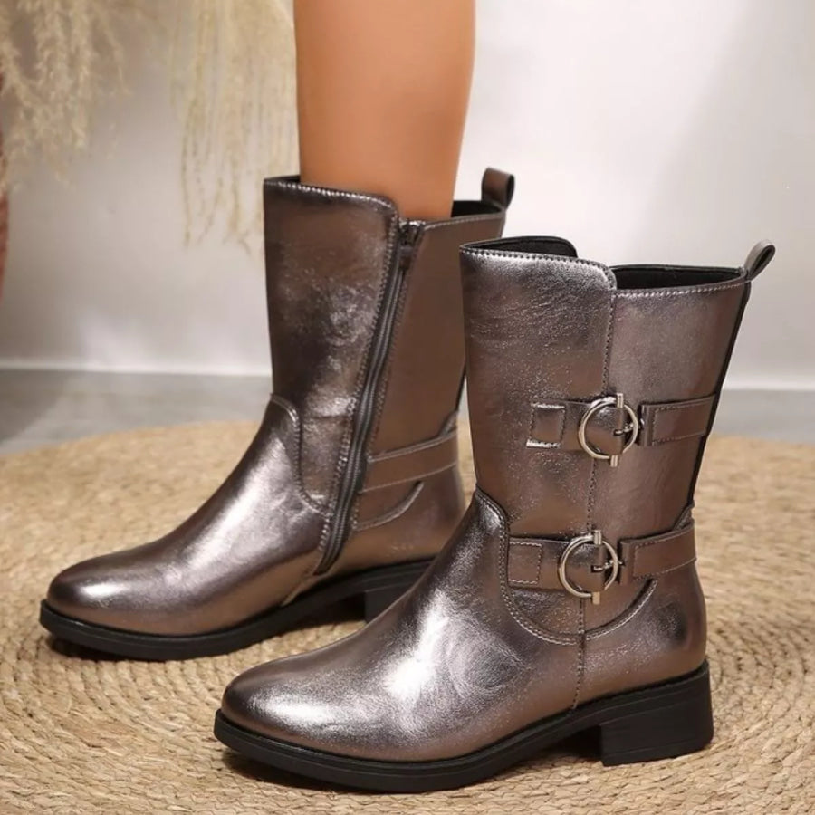 Round Toe Block Heels Boots Apparel and Accessories