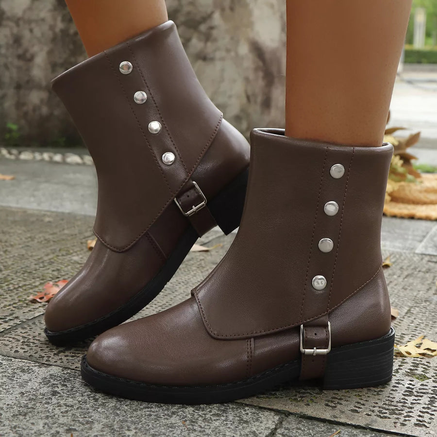 Round Toe Block Heels Boots Apparel and Accessories